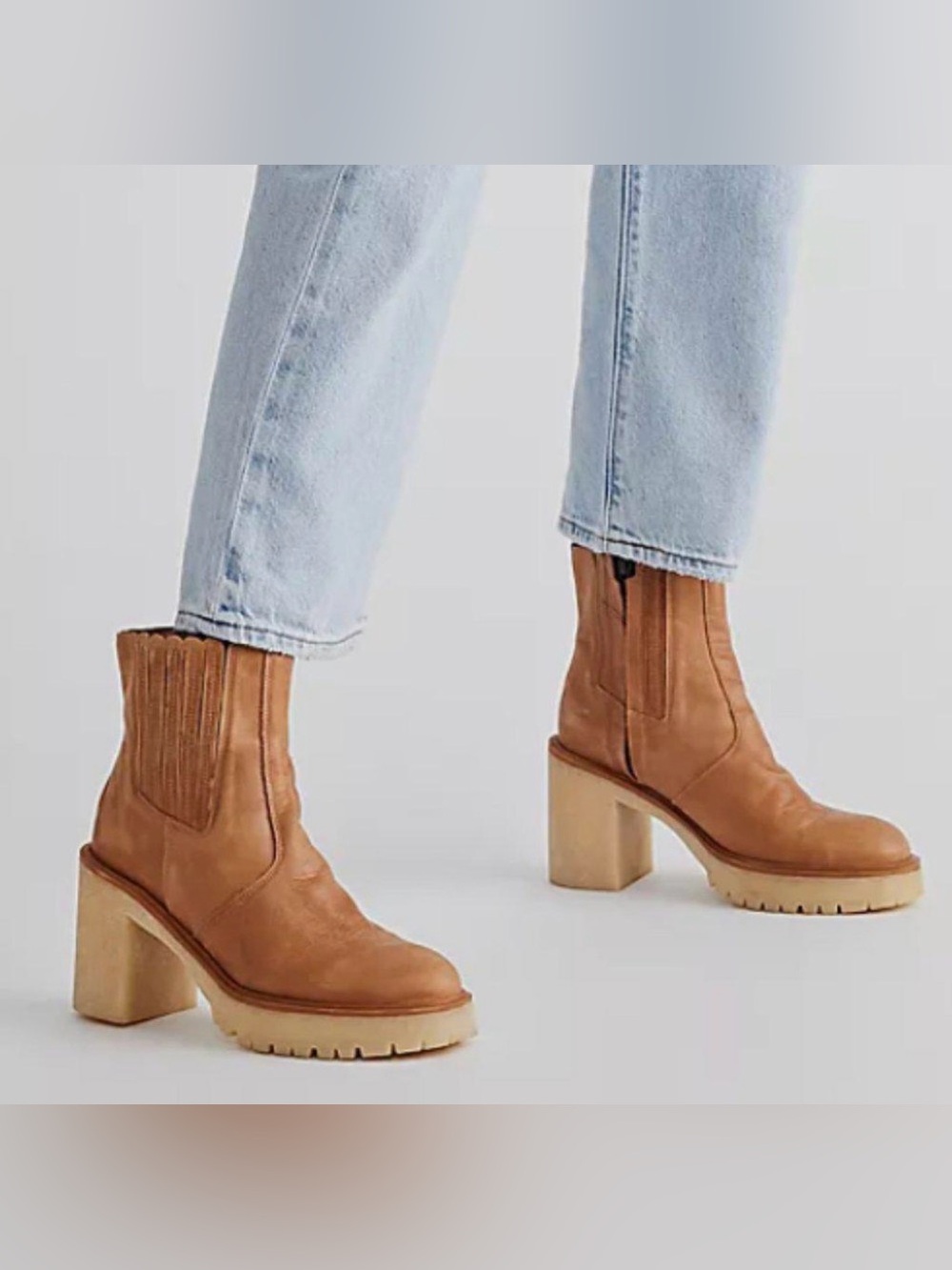 Free People Tan Leather Chunky Heel Chelsea Boots